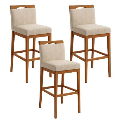Kit 3 Banquetas Alta Cozinha Gourmet Estofada Suede Bege com Encosto Black House Decor