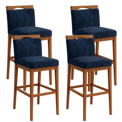 Kit 4 Banquetas Alta Cozinha Gourmet Suede Encosto Fixo Azul Black House Decor