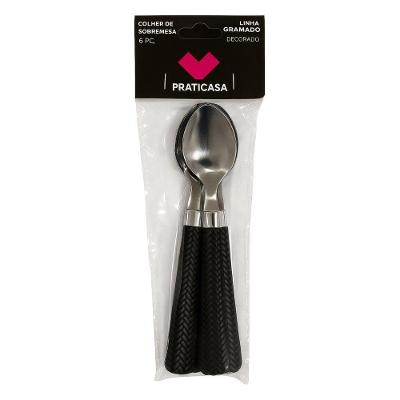 Kit 6 Colher de Sobremesa Linha Gramado Inox e Polipropileno Preta Praticasa