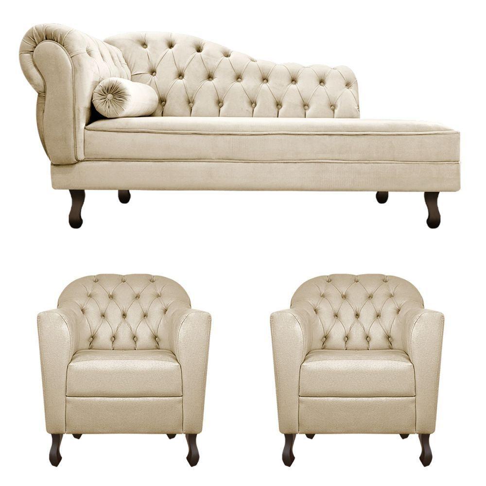 Kit Diva Recamier Diana 160Cm Lado Direito E 02 Poltronas Julia Corano - Amarena Móveis Bege - 6