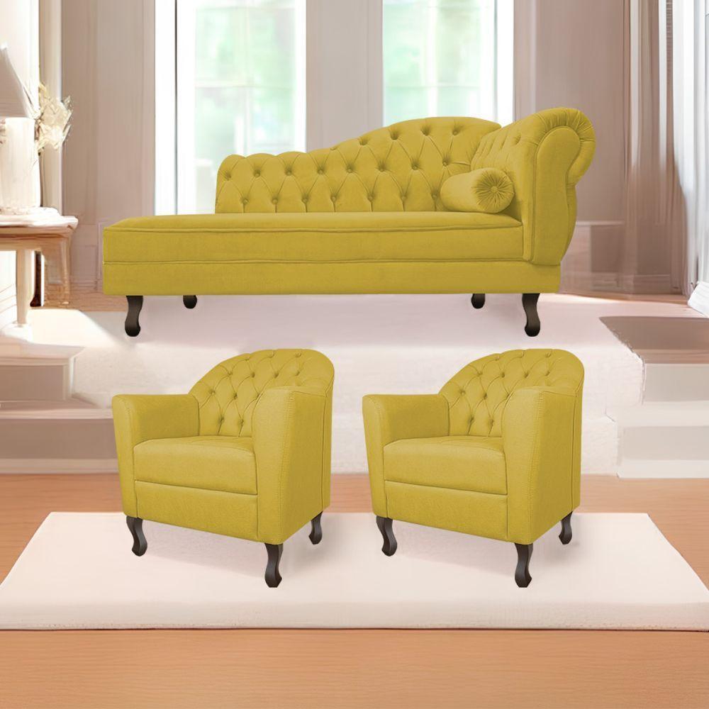 Kit Diva Recamier Diana 140Cm Lado Esquerdo E 02 Poltronas Julia Suede - Amarena Móveis Amarelo - 1