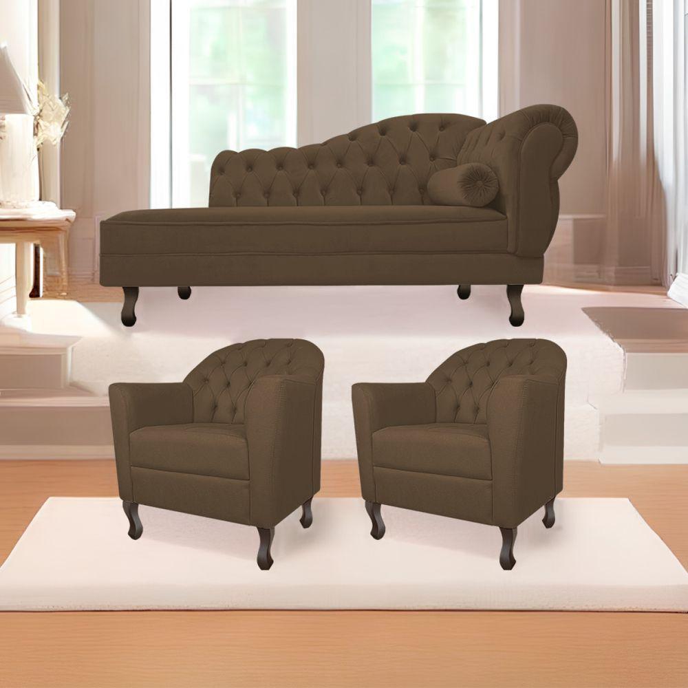 Kit Diva Recamier Diana 160Cm Lado Esquerdo E 02 Poltronas Julia Suede - Amarena Móveis Marrom - 1