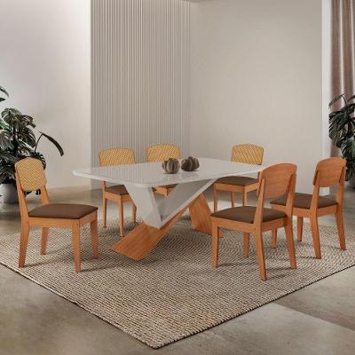 Mesa De Jantar Yasmin Tampo Vidro Canto Copo Com 6 Cadeiras Veludo Marrom/nat/off/serig. Off