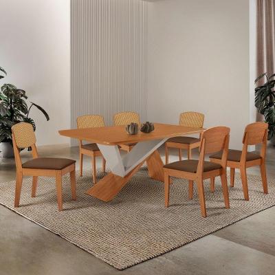 Mesa De Jantar Yasmin Tampo Laminado Canto Copo E 6 Cadeiras Veludo Marrom/naturalle/off White