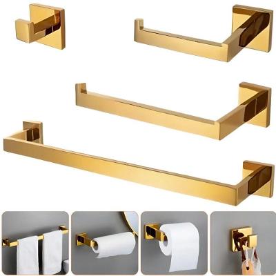 Kit de Acessórios para Banheiro Quadrado 4 Peças Aço Inox Dourado