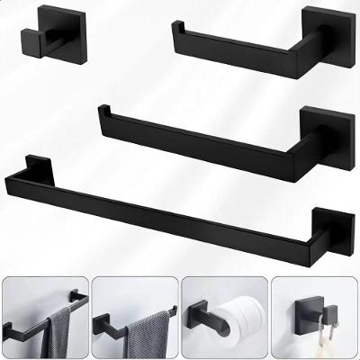 Kit Acessórios para Banheiro Quadrado 4 Peças Aço Inox Preto Fosco