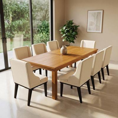 Kit 08 Cadeiras de Jantar Liz Madeira Linho Bege Base Fixa D'Rossi