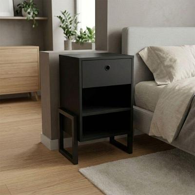 Mesa de Cabeceira Wolli M05 1 Gaveta MDF MDP Industrial Preto Pés Metálicos Móveis Belo