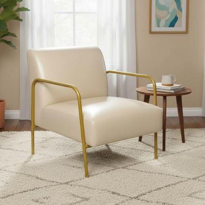 Poltrona Decorativa Helena Couro Sintético Base Dourada Bege D'Rossi