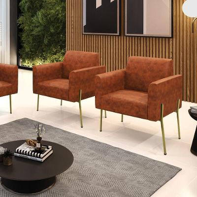 Kit 2 Poltronas Marisa Sintético Pé Aço Dourado Camel D'Rossi
