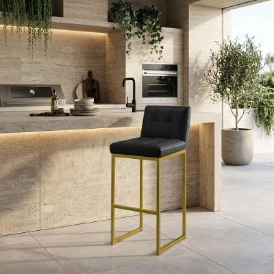 Banqueta Alta Encosto Industrial Lirina Assento PU Base Ferro Preta D'Rossi