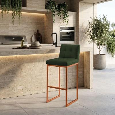Banqueta Alta Encosto Industrial Lirina PU Base Bronze Verde D'Rossi