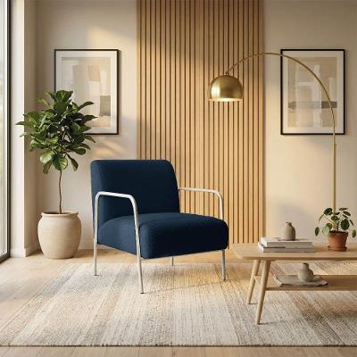 Poltrona Helena Decorativa Bouclê Azul Marinho Base Aço Champanhe D'Rossi