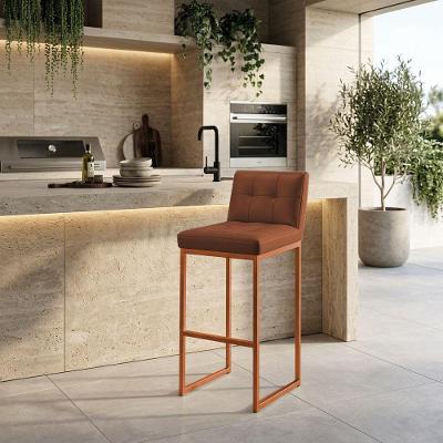 Banqueta Alta com Encosto Industrial Assento PU Bronze D'Rossi