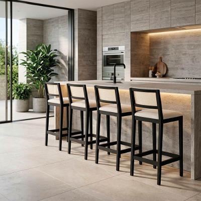 Kit 4 Banquetas Austria I03 Madeira Encosto Palhinha Assento Linho Cru e Preto D'Rossi