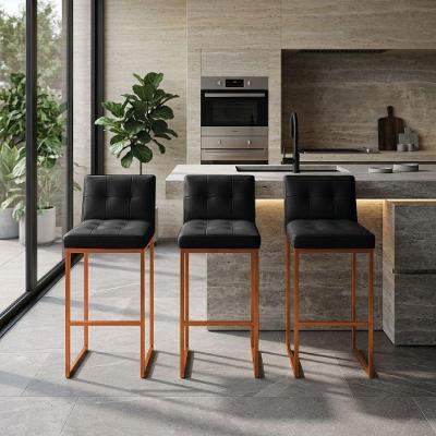 Kit 3 Banquetas Lirina PU Base Industrial com Encosto Preto Bronze D'Rossi