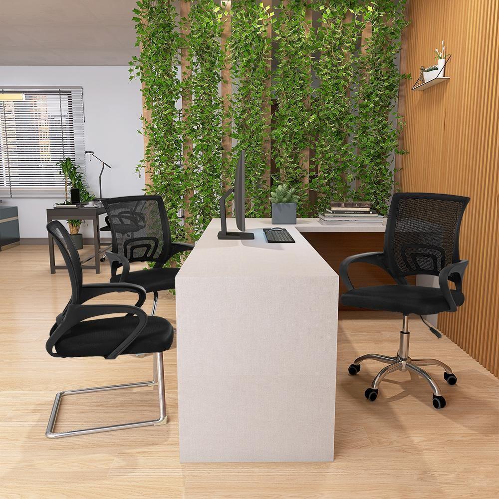 Kit Cadeiras De Escritório 1 Secretária + 2 Fixa - Preto - 7