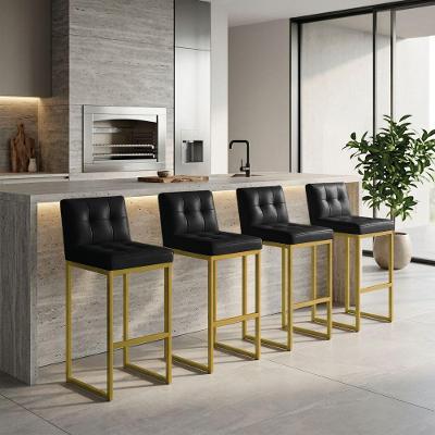 Kit 4 Banquetas Lirina PU Preto Base Dourada Encosto Industrial D'Rossi