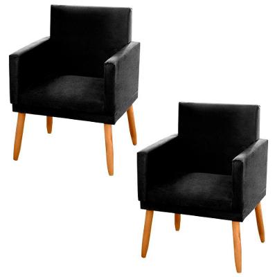 Kit 02 Poltronas Decorativas Lauren Pés Palito Suede Preto Abmaza