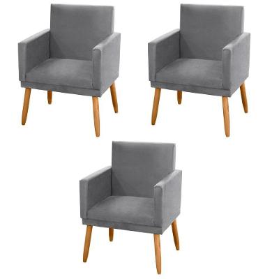 Kit 03 Poltronas Lauren Decorativas Pés Palito Suede Cinza Abmaza