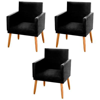 Kit 03 Poltronas Decorativas Lauren Pés Palito Suede Preto Abmaza