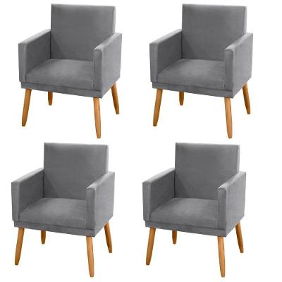 Kit 04 Poltronas Decorativas Lauren Pés Palito Suede Cinza Abmaza