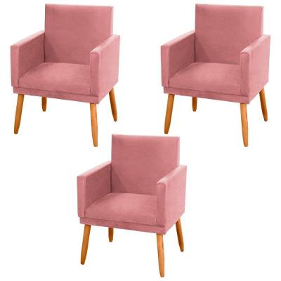 Kit 03 Poltronas Lauren Decorativas Suede Pés Palito Rosê Abmaza