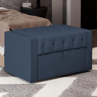 Calçadeira Baú Atena 90CM Solteiro Linho Capitonê Madeira Azul Abmaza