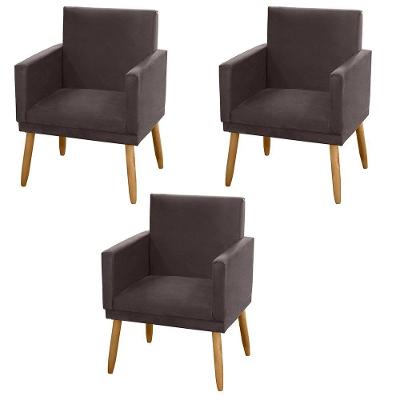 Kit 03 Poltronas Decorativas Lauren Pés Palito Suede Marrom Abmaza