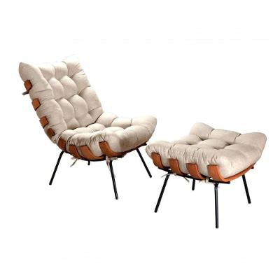 Poltrona Costela com Puff Linho Confortável Bege Bella Decor
