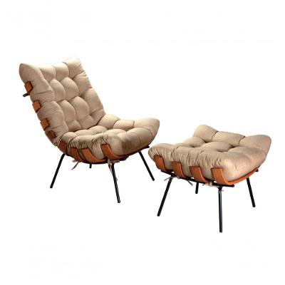 Poltrona Costela com Puff em Linho Confortável Marrom Bella Decor