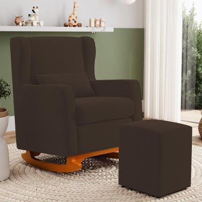 Poltrona Decorativa Zoe Base Balanço com Puff Suede Marrom Abmaza