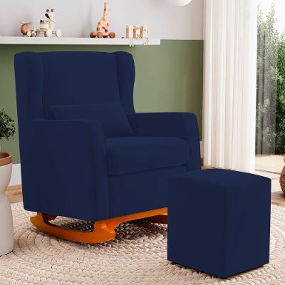 Poltrona Decorativa Zoe Base Balanço com Puff Sintético Azul Marinho Abmaza