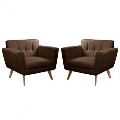Kit 2 Poltronas Bruna para Sala de Estar com Pés Palito Veludo Marrom 260 Bella Decor