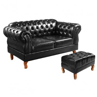 Sofá Duquesa 2 Lugares Fixo 160CM Preto Couríssimo Couro Sintético Bella Decor