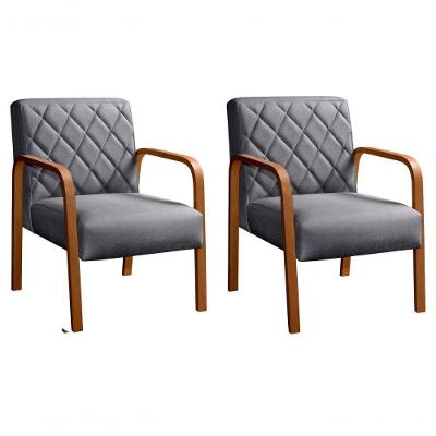 Kit 2 Poltronas Lara Linho Pés Palito Ergonômica Cinza 320 Bella Decor