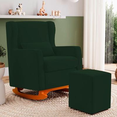 Poltrona Decorativa Zoe Base Balanço com Puff Veludo Verde Abmaza