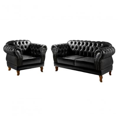 Conjunto de Sofás Dom Pedro 2+1 Lugares Preto Couríssimo Bella Decor