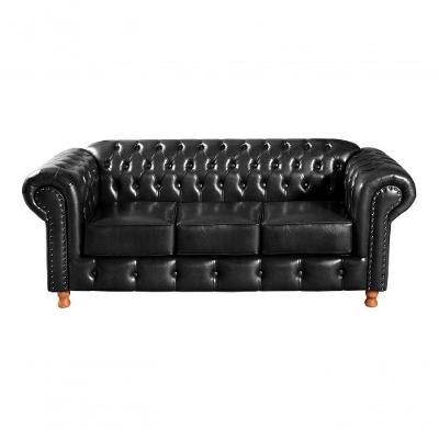 Sofá Luis XV 3 Lugares 220CM Preto Couro Sintético para Sala Bella Decor