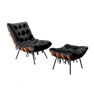 Poltrona Costela com Puff Veludo Ergonômica Preto Bella Decor