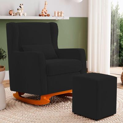 Poltrona Decorativa Zoe Base Balanço com Puff Suede Preto Abmaza