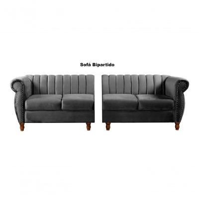 Sofá Realeza 4 Lugares 246CM Cinza Veludo Clássico Fixo Bella Decor