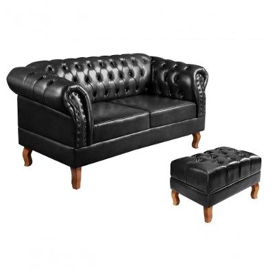 Sofá Dom Pedro 2 Lugares 155CM Preto Couro Sintético Bella Decor