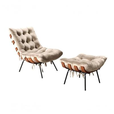 Poltrona com Puff Costela Estilo Moderno Suede Fibra Siliconada Bege 080 Bella Decor