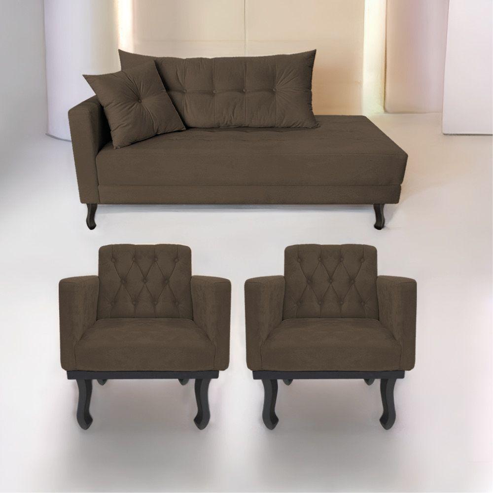 Kit Diva Recamier Azura 140Cm Lado Direito E 02 Poltronas Classic Suede - Amarena Móveis Marrom - 2