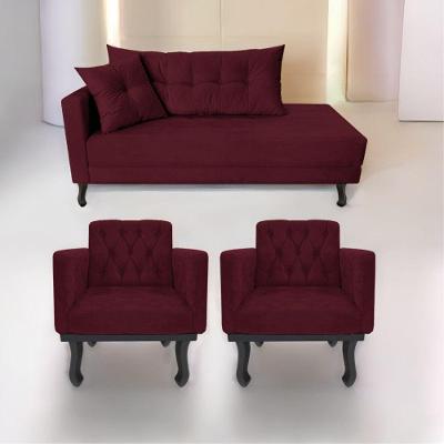 Kit Diva Recamier Azura 140Cm Lado Direito E 02 Poltronas Classic Suede - Doce Sonho Móveis Bordô