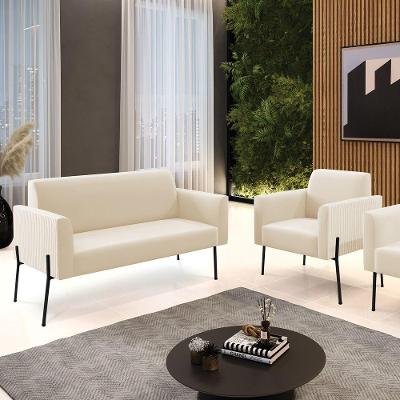 Kit Sofá Namoradeira e 2 Poltronas Marisa Veludo Pé Aço Off White D'Rossi