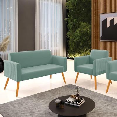 Kit Sofá Marisa 3 Lugares Namoradeira e Poltrona Menta Veludo D'Rossi