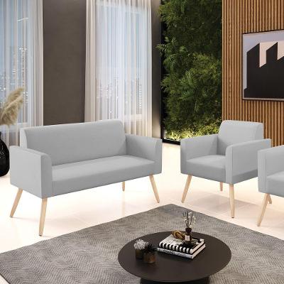 Kit Sofá Marisa 3 Lugares Pé Palito 180CM Cinza Sintético D'Rossi