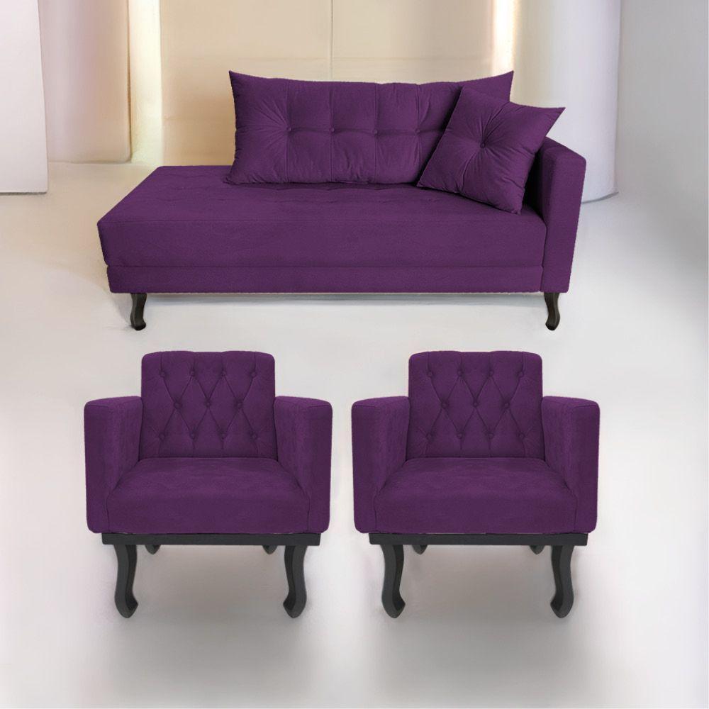 Kit Diva Recamier Azura 140Cm Lado Esquerdo E 02 Poltronas Classic Suede - Doce Sonho Móveis Roxo - 1